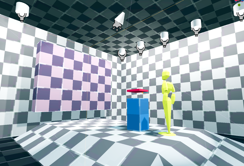 An in-editor screenshot of one of the Tutorial rooms, featuring the player stand-in scene looking at an unsolved puzzle and a big purple board.