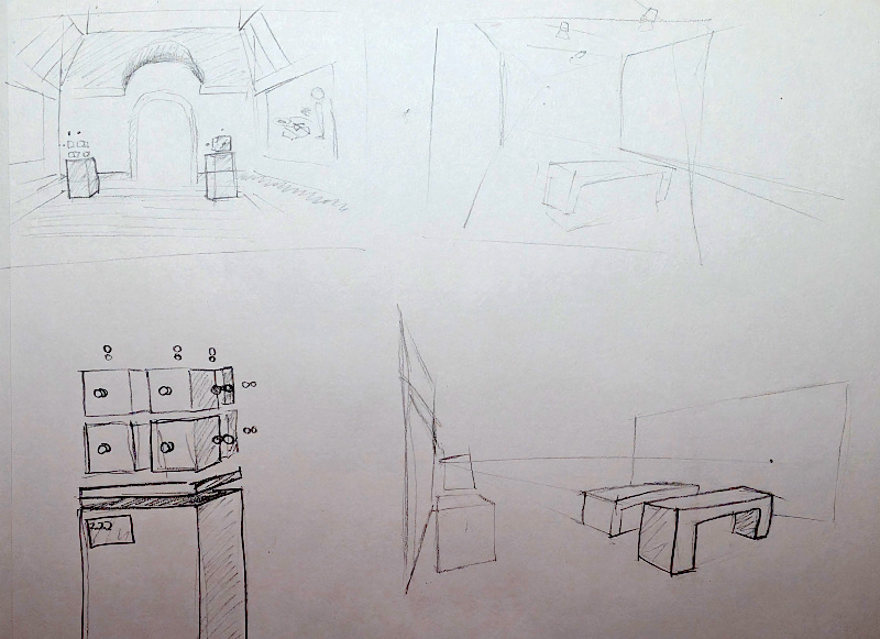 A contrast-boosted photo of gallery sketches from my sketchbook.