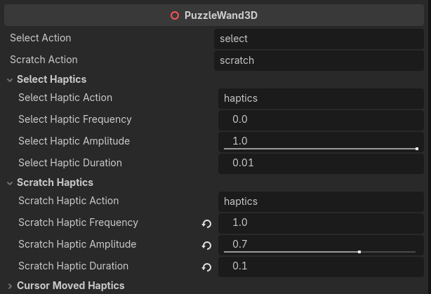 Haptics options for the Wand in the Godot node inspector