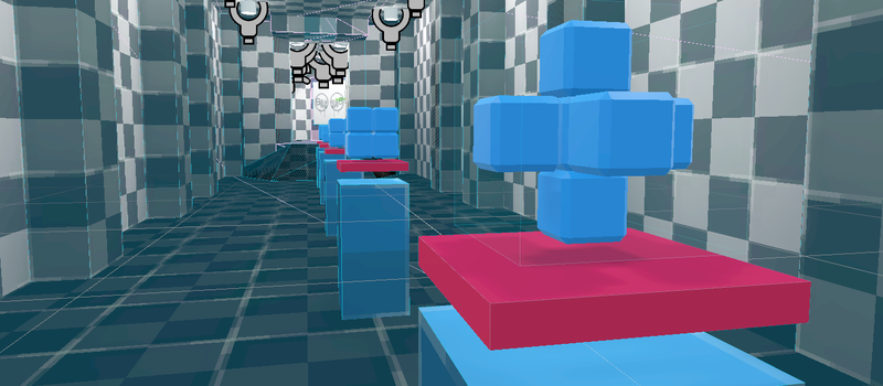 The tutorial level gallery hallway, filled with some solved puzzles players can examine.
